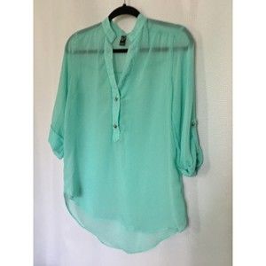 Windsor Sheer Blouse Size Medium Hi Lo Turquoise Tab Sleeve Summer Fun A3
